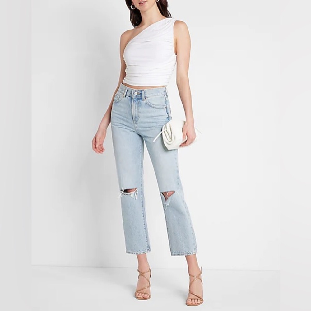 High Waisted Light Wash Ripped Straight Ankle Jeans